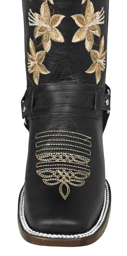 Texas Legacy Womens Annie Black Western Boots Leather Floral Embroidery Boot Straps4