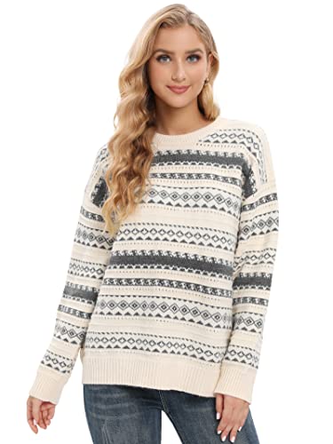 JUOIANTANG Jersey de invierno para mujer con punto grueso y patrón de rayas étnicas para mujer, jersey de punto S-XL, Blanco, S Cover