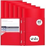 Heavy Duty Plastic Folder, 60 Pack, Pocket Folder with brads, Letter Size Poly File, Plastic Folders with 3 Prongs Fasteners - Red