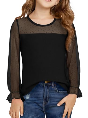 Yousify Girls Puff Long Sleeve Shirts Kids Cute Polka Dot Mesh Tops Blouses 5-14 Years
