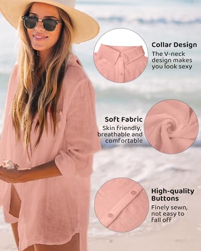 Image of CoCozy Bathing Suit Cover Ups for Women, Long Sleeve Swimwear Button Down Shirt Dress Swimsuit Bikini Beach Cover Up 2026