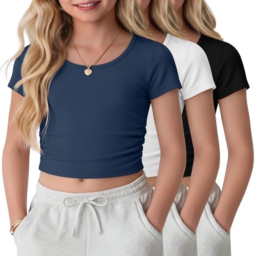 YooAurvox 3 Pack Girls Fitted Crop Tops Kids Short Sleeve Round Neck T Shirts Cute Summer Ruched Basic Tee 5-16 Years(Haze Blue White Black 5-6 Years)