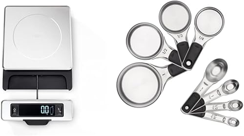 OXO Good Grips - Báscula de alimentos de acero inoxidable de 11 libras con pantalla extraíble y Good Grips Juego de tazas y cucharas medidoras de