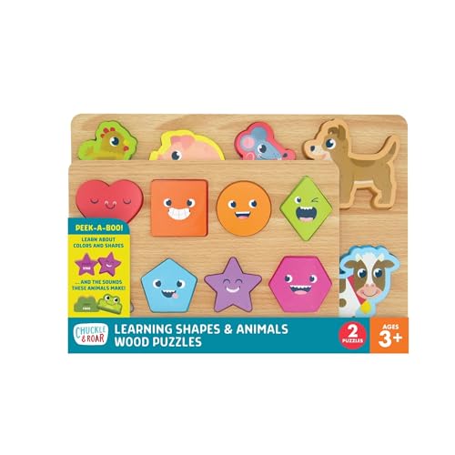 Image of Chuckle & Roar - Jigsaw Wooden Puzzles Shapes and Animals 2 Pack - Preschool Puzzle for Toddlers Ages 3 Plus - Educational Puzzle Set for Fine Motor Skills and Screen Free Learning