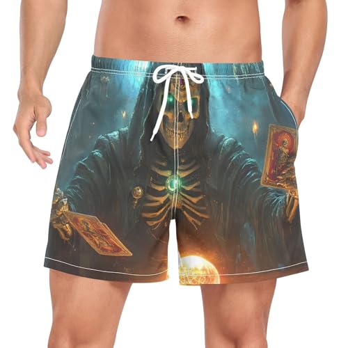 Mens Swim Trunks with Liner, Skeleton Witch Card Cool Quick Dry Beach Swim Shorts, Swimwear Bathing Suits S