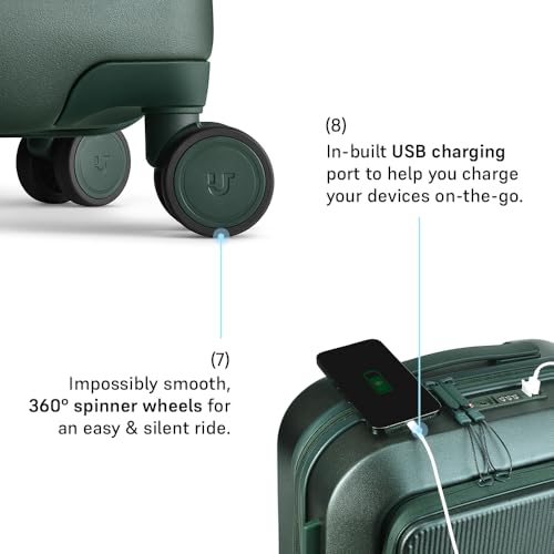 Image of Urban Jungle Polycarbonate 360 Degree by Safari, Cabin Trolley Bag with Laptop Compartment, Hardside Small(55 Cm) Suitcase with USB Charging Socket, 8 Silent Wheel Luggage for Both Unisex(Dark Green)