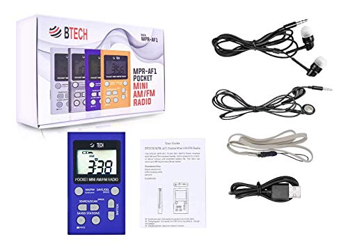 Btech Mpr-Af1 Am Fm Personal Radio With Two Types Of Stereo Headphones, Clock, Great Reception And Long Battery Life, Mini Pocket Walkman Radio With Headphones (Blue) #TOP5