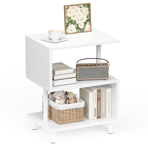 APICIZON サイドテーブル S字 ラック 3段 オープンラック 小さい オープンシェルフ 木目調 ナイトテーブル スリム ベッドサイドテーブル リビング ソファサイド 収納 棚 おしゃれ 北欧 モダン (40cm*30cm*51cm、ホワイト)