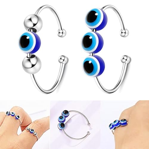 Image of El Regalo 2PCs Eye Catching Fidget Meditation Adjustable Finger Rings for Girls & Women- Retro Blue Evil Eyes Opening Adjustable Rotating Beads Rings