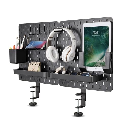 EHO Clamp-On Desk Pegboard, 2Pack (Combined Size 27 x 14 inch) Privacy Divider, Desk Partition Panel, No-Drill Desk Mounted Peg Board Organizer for Office, Gaming, Home, Black by EHO - Used condition - US$43.94