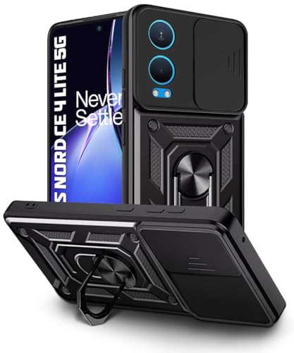 Image of WOW IMAGINE Tough Armor Bumper Mobile Back Case for 1+ OnePlus Nord CE 4 Lite 5G | Sliding Camera Shield Cover | Shock Proof 360 Protection | Hybrid PC + TPU | Ring Holder with Kickstand - Black