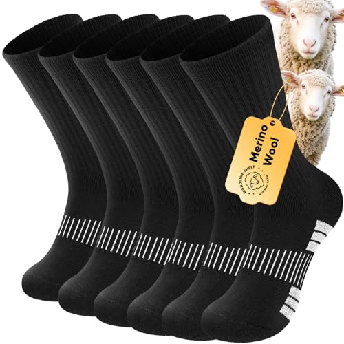 XINDUHUI Merino Wool Hiking Socks for Men Women, Thermal Winter Cushioned Wicking Crew Socks for Work Outdoors 3 Pairs (US, Alpha, Large, Regular, Regular, Black)