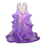 【Größe: Einheitsgröße GBZLFH Frauen durchsichtige sexy Feder Robe, Mesh Sheer Lace Nachtwäsche Kimono Dressing Kleid mit Federbesatz, Deep V Neck Tüll Flare Langarm Illusion Dessous Nachtwäsche,Lila