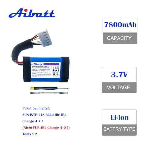 Aibatt 3.7V 7800mAh Ersatzakku für JBL Charge 4, JBL Charge 4BLK, JBL Charge 4J Lautsprecher, Ersatz für JBL Batterie SUN-INTE-118, SUN-INTE-156, 1INR19/66-3, ID998 Akku. (Nicht für JBL Charge 4 Q !)