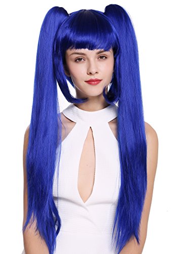 Perruque cosplay lolita bleu avec carré court et longues couettes lisses amovibles