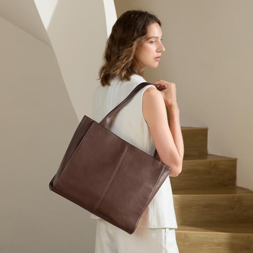 Image of befen Genuine Leather Tote Bag for Women Work Travel Leather Purse Handbags | Real Leather, Padded 14 inch Laptop Compartment, Multi-Pockets, Zipper, Tote Bag for Daily