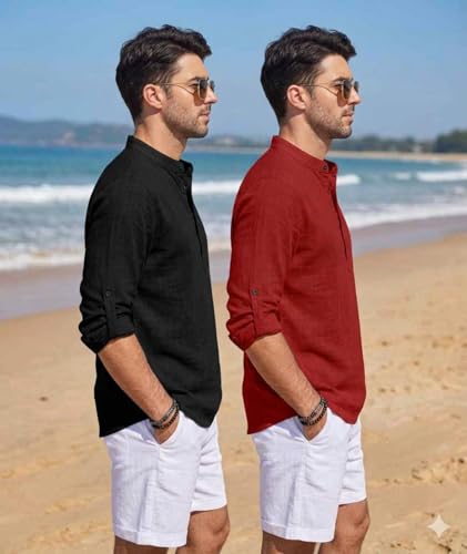 Image of Men's Cotton Blend Straight Kurta Shirt Combo with Mandarin Collar - Slim Fit Casual Short Kurti Set Featuring Textured Slub Fabric and Roll-Up Full Sleeves