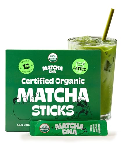 MatchaDNA Organic Matcha Powder Sticks x15 Pack (1.5g Each) – Instant Organic Matcha – Macha...