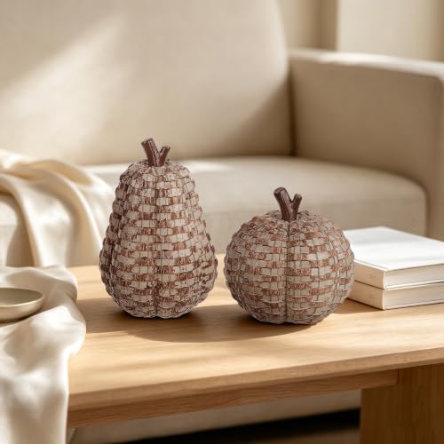 Image of winemana 2 Pack Fall Pumpkin Decor, Woven Resin Pumpkins for Indoor Home | Distressed Finish, Rustic Farmhouse Style, Artificial Pumpkin for Table Centerpiece Mantel, Thanksgiving Autumn Decorations
