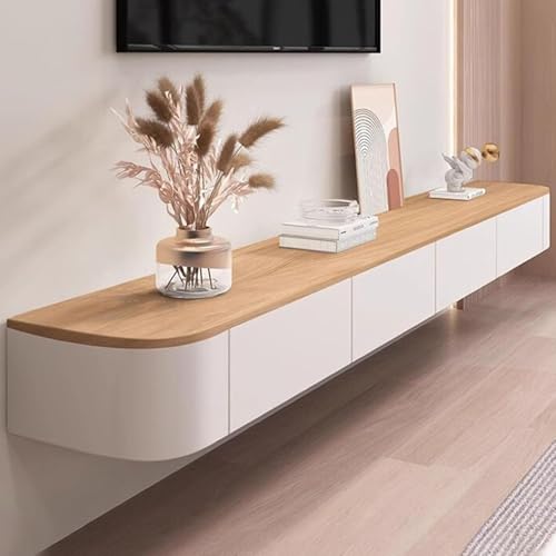 Image of Floating TV Stand Wall Mounted - Wall Entertainment Center with Flip-Down Doors & Drawers, Modern Hanging TV Shelf for Living Room, Media Console for 65 /75 80 Inch TVs (White+Wood, 94.5IN /240CM)