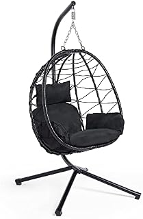 VonHaus Garden Egg Chair & Stand - Black Folding Swing Chair, Cocoon Hanging Chair - Rattan Effect 1 Seater Swing Seat & Comfortable Padded Cushion  Foldable Portable & Compact Outdoor Garden Chair