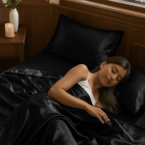 Image of elanorhomes 300TC Premium Satin King Size Bedsheet 93 * 108 inches with 2 Pillow Covers | Ideal for Summers & Winters | Valentine for Couples, Romantic Dates, and Weddings (Crown Black)