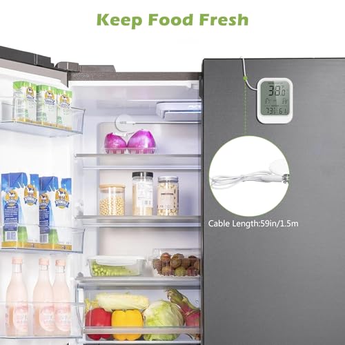 KeeKit Refrigerator Thermometer, Digital Freezer Thermometer with Waterproof Probe & Suction Cup, Temperature Monitor with Alarm, LCD Display, Min/Max Recording, for Fridge, Aquarium, Food Storage