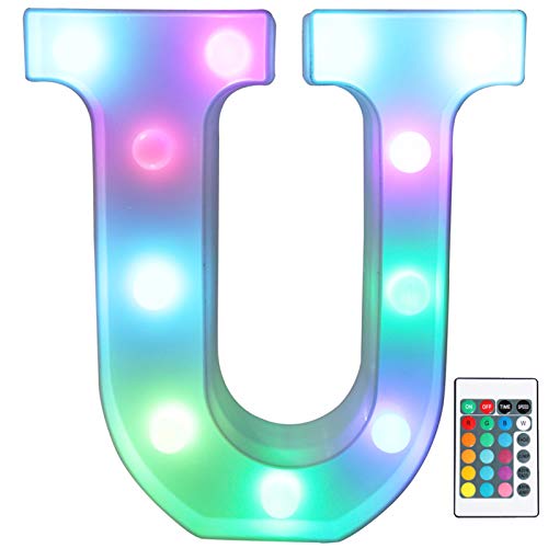 Image of Pooqla Colorful LED Marquee Letter Lights with Remote - Light Up Marquee Signs - Party Bar Letters with Lights Decorations for The Home - Multicolor U