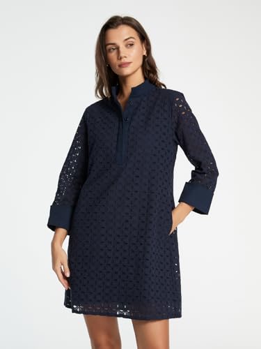 D-Sun Women's Long Sleeve Mini Dress Hollow Out Eyelet Stand Collar V Neck A Line Shift Short Dresses2