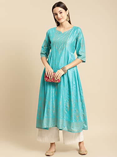 Image of rangita Turquoise Viscose Calf Length Printed Anarkali Kurti for Women | Kurta for Women