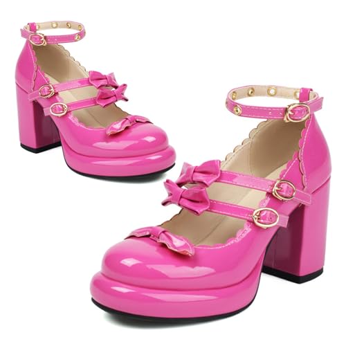 Alyaafifa Chunky High Heel Bow Pumps for Women Platform Round Toe Ankle Strap Mary Jane Patent Leather Dressy Shoes Stylish Cute Party Prom Wedding Club Ballroom