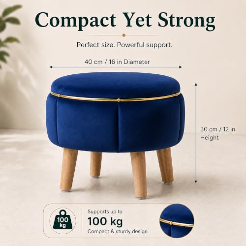 Image of Velvet Upholstered Round Ottoman Footstool | Anti-Slip Feet | Multipurpose Footrest, Step Stool & Vanity Seating & Decor | 40 x 30 cm (16 x 12 Inch) | Royal Blue