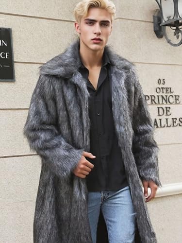 Image of FTIMILD Men's Long Faux Fur Coat Single Breasted Warm Winter Trench Coat Fluffy Thick Overcoat