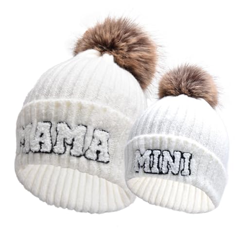 Image of 2PCS Parent-Child Beanie Hat Mama and MINI Embroidery Knitted Hat Winter Warm Cuffed Ski Cap with Pom Pom