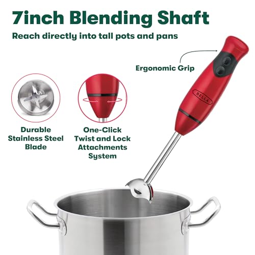 BELLA 2-Speed Hand Immersion Blender with Whisk Attachment, 250 Watt, Red, Immersion Blender with Dishwasher Safe Whisk & Blending Attachments for Food Prep (14460) image 4