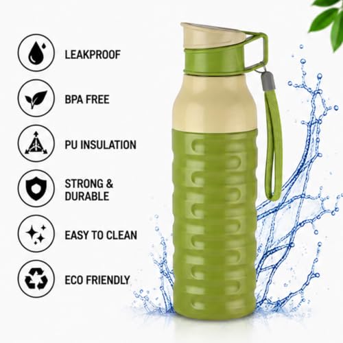 Image of CELLO Puro Steel-X Delta 600 PU Insulated Water Bottle for Office 550 ml Green | Wide Mouth Easy to Carry with Strap Leak Proof Flip Top Lid Inner Steel Water Bottle for School Kids, College & Travel