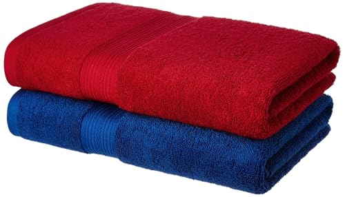 Image of Amazon Brand - Solimo 100% Cotton 2 Piece Bath Towel Set, 500 GSM (Iris Blue and Spanish Red)