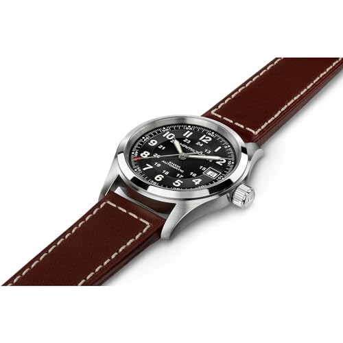 Image of Hamilton Khaki Field Automatic Men's Watch, 38mm Stainless Steel Case, Swiss Made, Black Dial Analog Wrist Watch for Men, 100m Waterproof, Sapphire Crystal, 3-Hand Movement, Cow Leather Strap