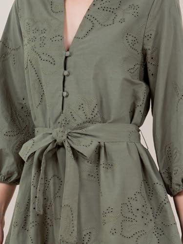 Image of Joiemont Womens Olive Embroidered Belted Mini Dress Summer Half Button 3 /4 Sleeve Eyelet Dress