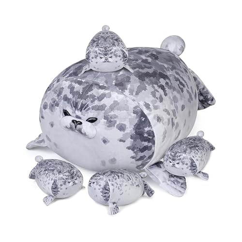 AURWEL XXL Robbe Kuscheltier 40cm Kuschelweiches Seal Plüschtier mit 4 Babyrobben Großes Stofftier & Kinderzimmer Deko Leicht zu Reinigendes Spielzeug Kinder und Tierfans