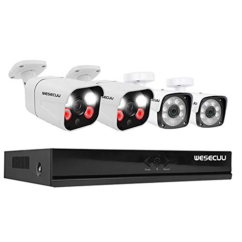 3MP PoE Home Security Camera System,3MP NVR Recorder with 2PCS AI Alarm Cameras and 2PCS Normal Cameras,Floodlight,Siren Alarm and Two Way Audio AI Human Detection Color Night Vision NO HDD