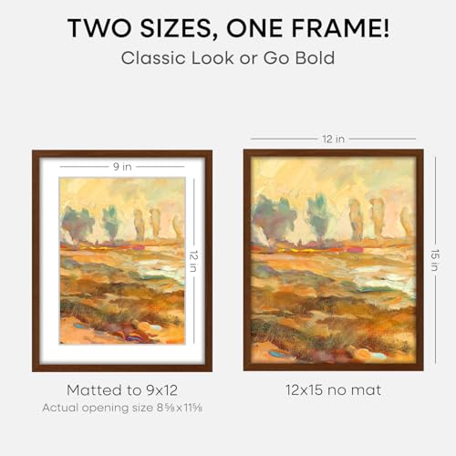 Image of Homeforia 12x15 Picture Frame Brown, High End Dark Oak 12x15 Walnut Wood Poster Frame with Mat 9x12 Print, 12 x 15 Wooden Frame Matted to 9 x 12 Photo, 15x12 Frames, Tempered Glass, Wall Kit, Set of 2