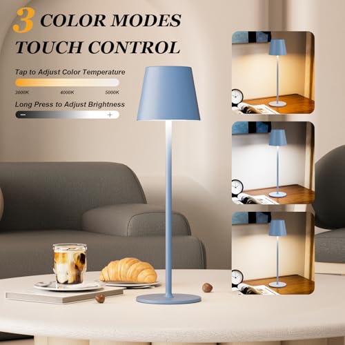 Image of Kakanuo Cordless Table Lamp Rechargeable Blue - KK 2 Pack 5000mAH Battery Operated Lamp for Dining Table, 3 Color Stepless Dimming Wireless Lamp for Counter, Outdoor Patio, Touch Control