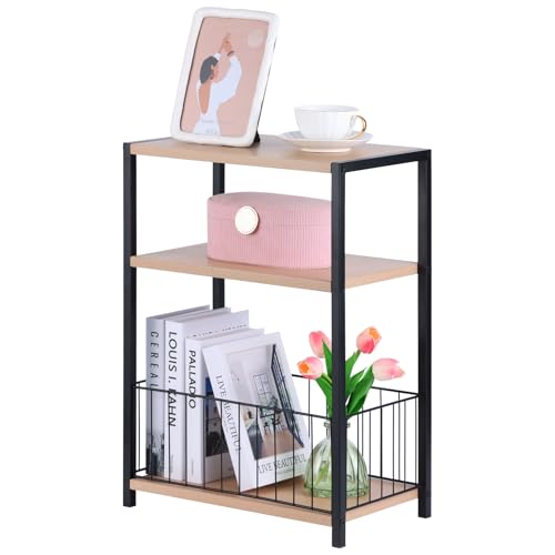 Safona Beistelltisch Schmal mit Ablagefach, 3-Stufiger Kleiner Schmaler Sofatisch mit Zeitschriftenhalter, Schmaler Nachttisch, Beistelltisch Couch für Wohnzimmer, Schlafzimmer, Naturbeige
