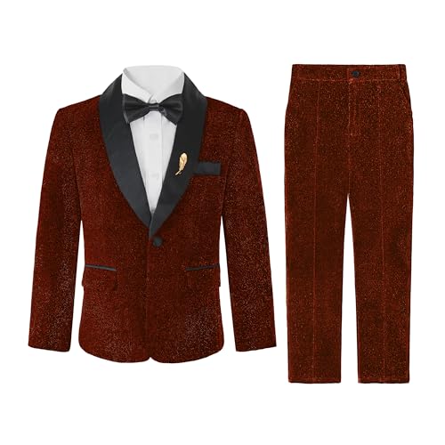 LOLANTA Jungen Glänzender Blazer Anzug, Page Jungen Formeller Smoking Hochzeitsanzug, Jungen Roter Weihnachtsanzug, Jacke, Hose, Hemd, Fliege(Weinrot, 5-6 Jahre, 120)
