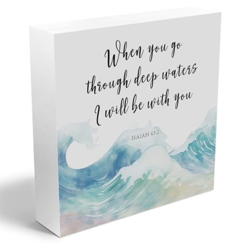Christian Decor Ocean Room Decor- When You Go Through Deep Waters I Will Be With You, Isaiah 43:2, Watercolor Wave Decor for Home Office Room Desk Shelf, Bible Verse Inspirational Wooden Box Sign