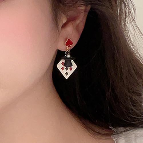 Queen of Hearts Asymmetric Rabbit Hat Poker Dangle Earrings - Red Heart Costume Accessories2