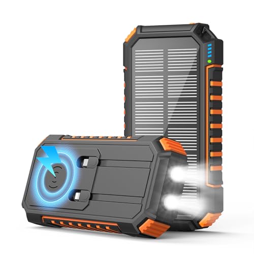 Fandealo Cargador Solar Power Bank 27000mAh - 22,5W Batería Externa Inalámbrica con 2 Cables Integrado y Linterna LED, PD QC 3.0 USB-C Carga Rápida Cargador Portátil para Teléfono Tabletas