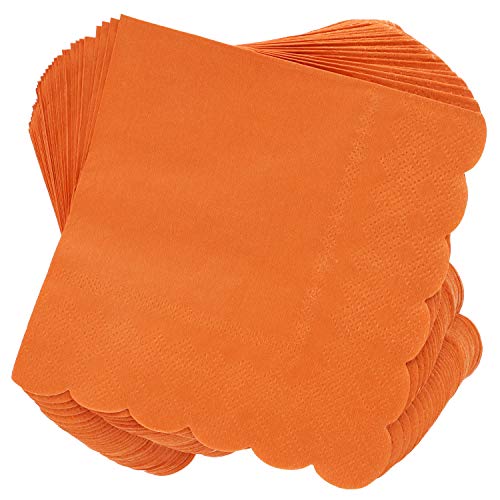 Scalloped Edged Cocktail Napkins (5 x 5 In, Orange, 100-Pack)