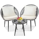 wildformers 3 Pieces Bistro Set, Woven Rope Chair with Cushions, All Weather Patio Conversation Set and Side Table, Ideal for Deck, Balcony, Poolside, Grey